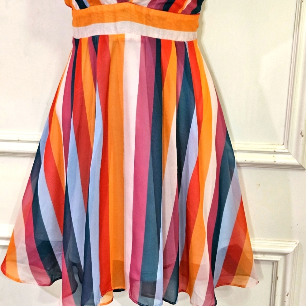 ESSUE Red/Orange Multi-Color Striped Deep Plunge Strappy Mini Dress,Large,NWT - Picture 7 of 16